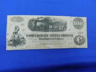 Csa Confederate State Of America,  One Hundred Dollars Note,  Richmond 1862