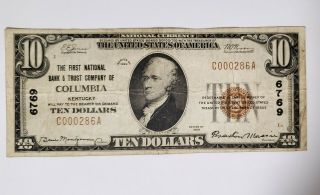 1929 $10 First National Bank Of Columbia Ky Kentucky Ch 6769 Type 1