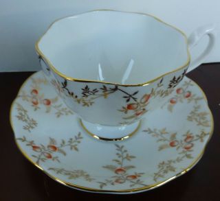 Vintage Queen Anne Footed Tea Cup & Saucer Set Gold Pink Bud Gold Leaf Pattern