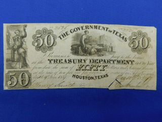 1837 - 38 $50 Government Of Texas Houston Bank Note Large Currency Old Paper Money
