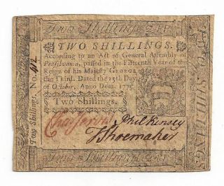 1775 Pennsylvania Colonial Currency Two Shilling Note No.  412