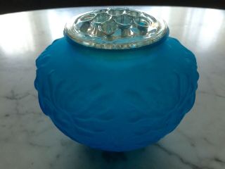Large Antique/vintage Blue Satin Flower Frog Bowl/vase 11 Holes Raised Design