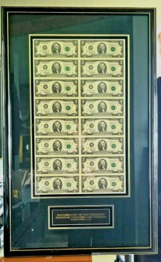 Pro Framed/matted Uncut Sheet $2 Dollar Bills (16) 1995 Uncirculated