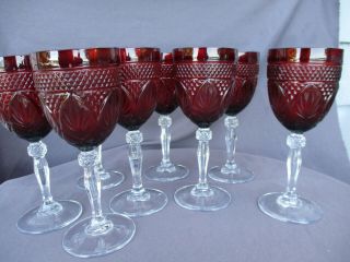8 Antique Ruby Red Water Goblets By Cristal D’arques