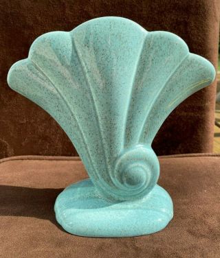 Red Wing Usa Aqua Green Blue Speckled Shell Fan Swirl Vase Planter 7.  75 " 892