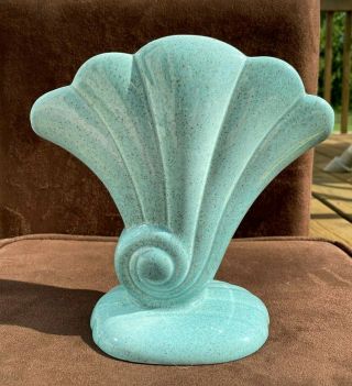 Red Wing USA Aqua Green Blue Speckled Shell Fan Swirl Vase Planter 7.  75 