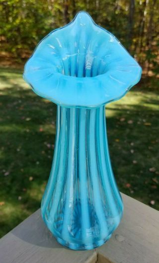 Fenton Art Glass Rib Optic Blue Opalescent Stripe Jack In The Pulpit Vase