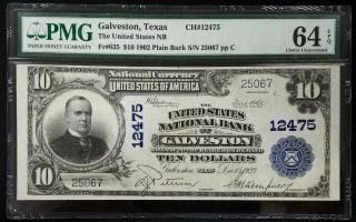 1902 $10 National Currency,  The United States National Bank Of Galveston,  Tx