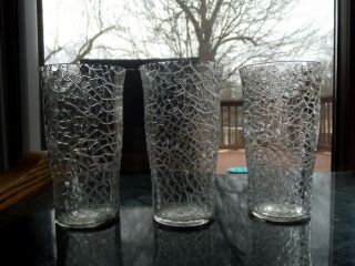 (3) Rare Flat Tumblers 5 - 1/4 " Glasses 12 Oz.  Pressed L E Smith Crackle By Cracky