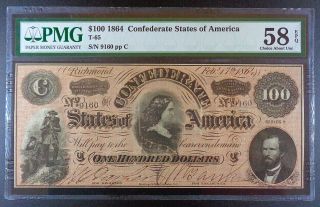 1864 Confederate States Of America $100 Banknote,  T - 65,  Pmg Choice Aunc 58 Epq.