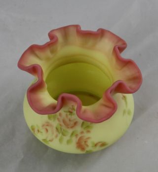 Vintage Fenton Burmese Glass Basket Vase with Hand Painted Roses Artist Signed 2