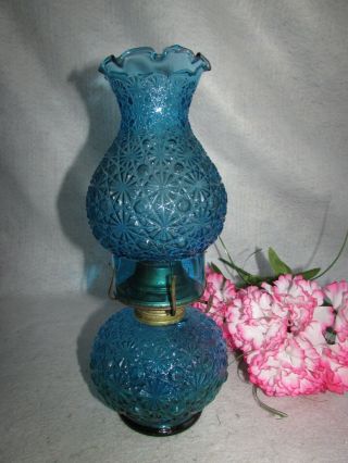 Vtg Le Smith Peacock Blue Glass Oil Lamp Daisy & Button Pattern Eagle Burner