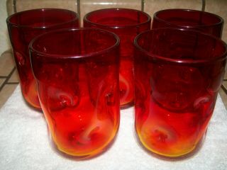 5 Blenko Mid Century Modern Red Pinch Tumbler Amberina Art Glass Retro 4 1/2 "
