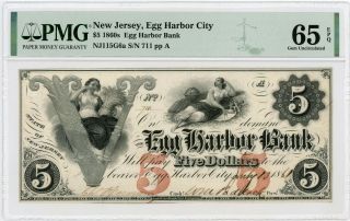 1861 $5 The Egg Harbor Bank - Egg Harbor City,  Jersey Note Pmg Gem 65 Epq