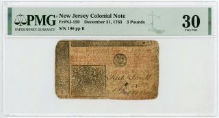 (nj - 159) December 31,  1763 3 Pounds Jersey Colonial Note - Pmg Vf 30