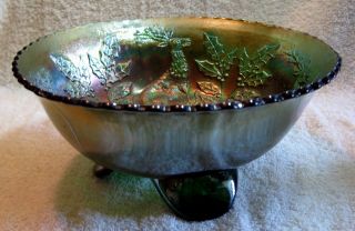 A Scarce Green Antique Fenton Stag And Holly Pattern Carnival Glass Nut Bowl