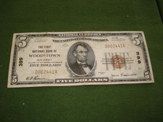 1929 - $5.  00 National Note - The First National Bank Of Woodstown,  Nj,  Scarce