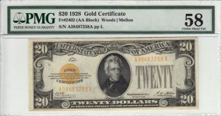 Fr.  2402 1928 $20 Gold Certificate Pmg 58 Choice About Unc