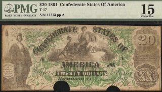 1861 $20 Dollar Bill Confederate States Currency Civil War Note Money T17 Pmg 15