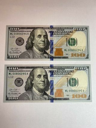 $100 One Hundred Dollar Bills With Sequential Serial 2 Notes Crisp 2013