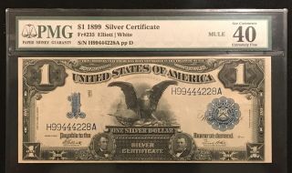 1899 $1 Silver Certificate Black Eagle Fr 235 Elliott/white Pmg 40 Mule Ext Fine