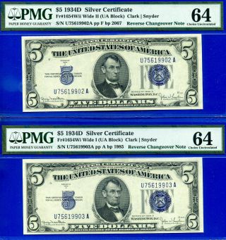 1934 - D $5 S/c ( (reverse Changeover Wide I To Wide Ii))  Pmg 64 9902 & 9903