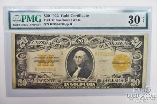 1922 $20 Gold Certificate Pmg 30 Vf Net Fr - 1187 Speelman White Us Currency 19246