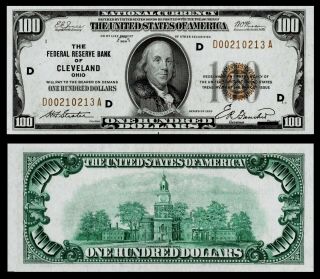 1929 $100 Bill National Currency Federal Reserve Bank Of Ohio Uncirculated