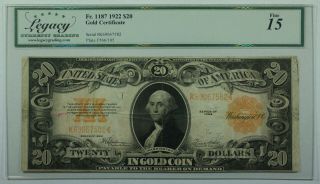 1922 $20 Twenty Dollar Gold Certificate Note Fr.  1187 Legacy Fine 15