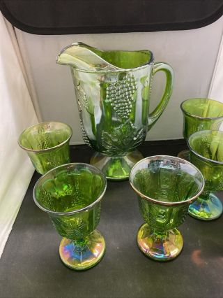 Indiana Carnival Glass Iridescent Green Harvest Grape Pitcher & 5 Glasses