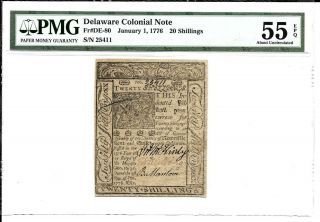 De - 80 Delaware Colonial Currency 20 Shillings Jan 1776 Pmg 55 Epq