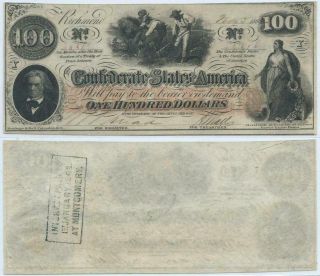 1862 Confederate States $100 One Hundred Dollar Note (t - 41) Csa Civil War - Cu