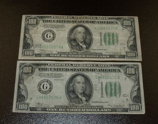 Two 1934 $100 - G Chicago Federal Reserve Notes - Very Fine