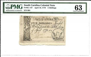 Sc - 147 South Carolina Colonial Currency 5 Shillings Apr 10 1778 Pmg 63