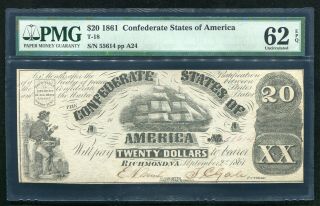 T - 18 1861 $20 Twenty Dollars Csa Confederate States Of America Pmg Unc - 62epq