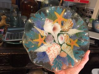Peggy Karr Fused Glass Sea Shells Bowl Scalloped Edge 10 1/2 Inch Diameter