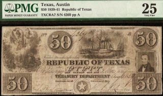 1839 $50 Republic Of Texas Rising Note Large Currency Old Paper Money Austin Pmg