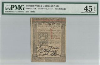 1773 Pennsylvania 50 Shillings Note Pmg Graded Choice 45 Epq