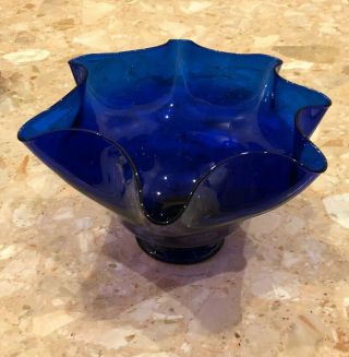 Vtg Cobalt Blue Glass Fruit Bowl Centerpiece Footed Bowl Ruffle Edge 11.  5x6.  25”