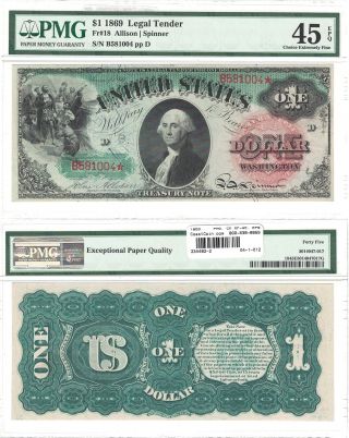 1869 $1 Legal Tender " Rainbow Note " Fr 18 Pmg Choice Extremely Fine - 45 Epq