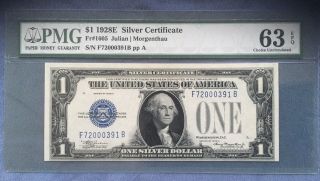 1928 E $1 Blue Seal Silver Certificate Funny Back (fr.  1605) Pmg 63 Epq Very Rare