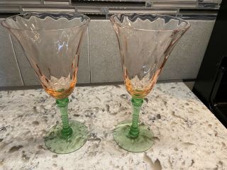 Set Of 2 Tiffin " Watermelon " Pink & Green Water Or Wine Stem Glasses