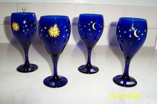 Set Of 4 Libbey Cobalt Blue Celestial Wine Glasses Goblets Sun Moon Stars Libby