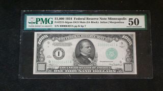 1934 Pmg Au50 One Thousand Dollar Federal Reserve Note Minneapolis $1000 Bill