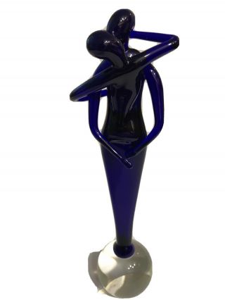 Murano Glass Lovers Embrace Kissing Couple Blue Figurine Sculpture Round Base