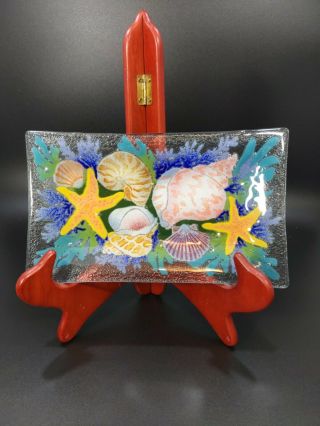 10 " Signed Peggy Karr Fused Art Glass Sea Shells Square Plate Tray Beach