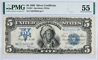 Fr.  281 $5 1899 Silver Certificate " Chief " Speelman White Pmg 55 About Unc