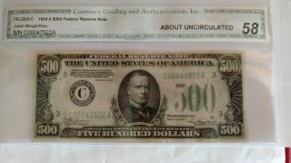 1934 A $500 DOLLAR PHILADELPHIA FEDERAL RESERVE NOTE LIGHT About Uncirculated 3