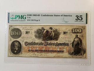 1862 $100 Confederate Currency Note T - 41 Csa Graded Pmg 35 Civil War Money