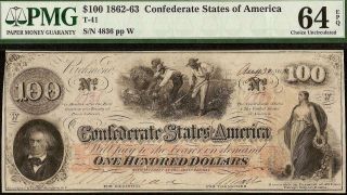 Unc 1862 $100 Confederate States Currency Civil War Hoer Note T - 41 Pmg 64 Epq